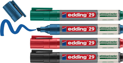 Edding 29 Ecoline Boardmarker – 4 Stück – Schwarz, Blau, Rot, Grün – Keilspitze 1–5 mm – geeignet für Whiteboard und Flipchart