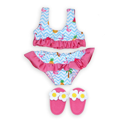 Puppenbikini mit Flamingo-Hausschuhen, 35-45 cm