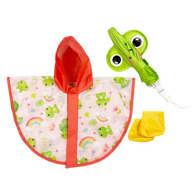 Heless Regenanzug für Puppen mit Regenmantel, Regenschirm und Stiefeln – Größe 28–35 cm