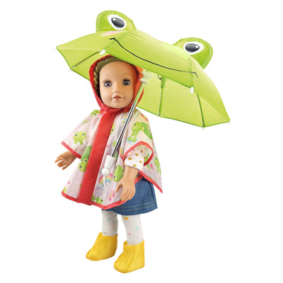 Heless Regenanzug für Puppen mit Regenmantel, Regenschirm und Stiefeln – Größe 28–35 cm