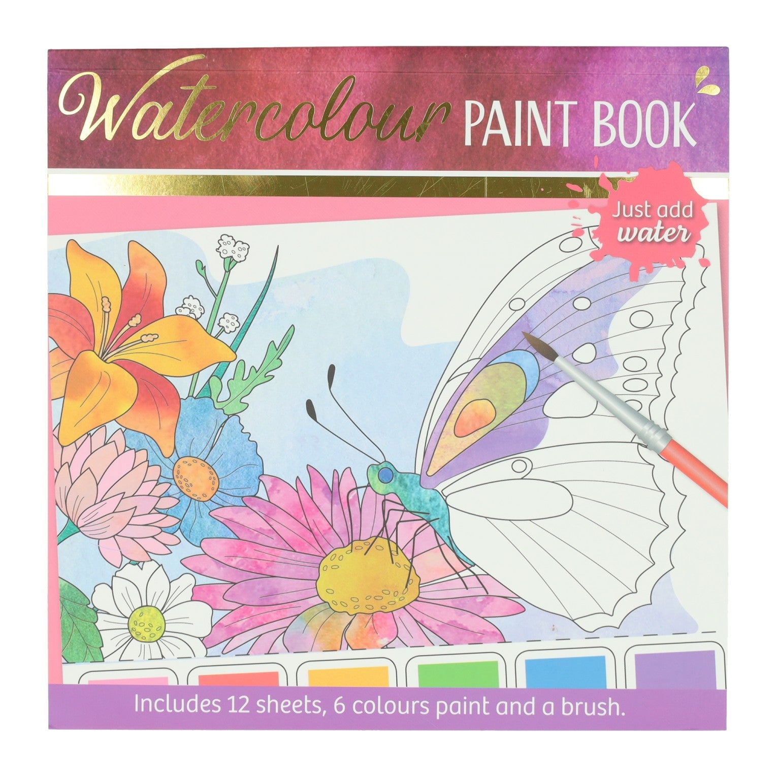Wins Holland Aquarell-Malblock für Erwachsene – Schmetterlinge und Blumen – inklusive Pinsel und 6 Aquarellfarben