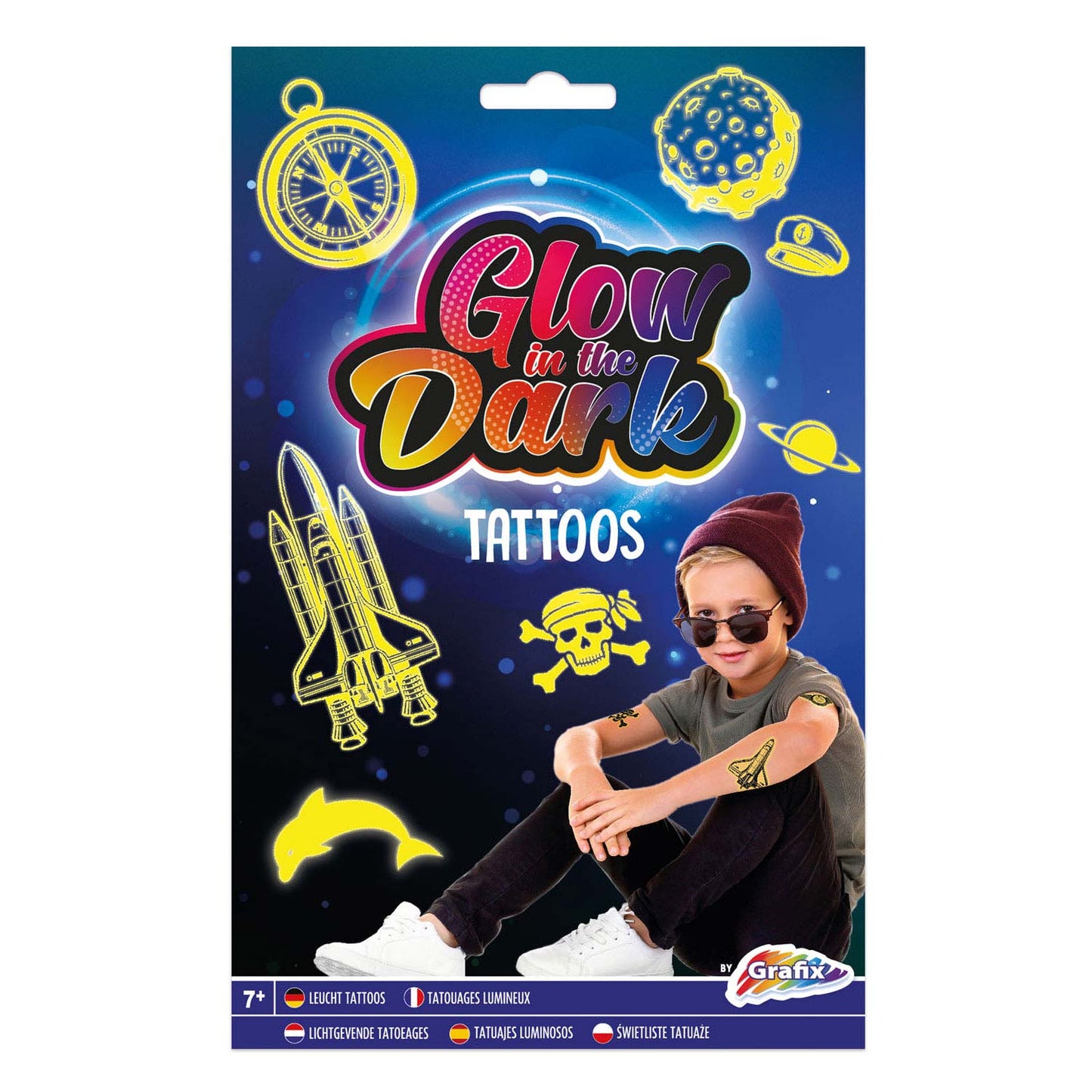Kreative Handwerksgruppe glüht in den dunklen Tattoos Blauw