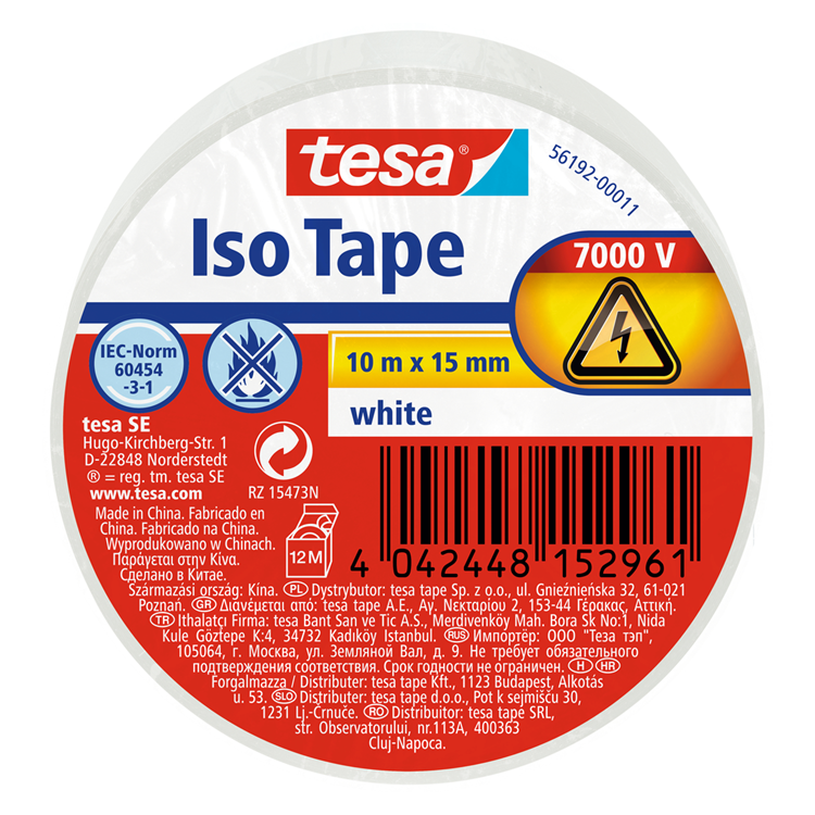 Tesa 1067797 – elektrische Isolierung 10 m x 15 mm weiß | 10 Stück