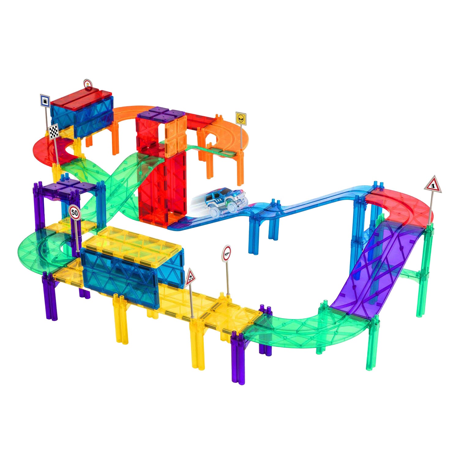 Kreative Bastelgruppe Magnetic Building Toys Tiles Autobahn mit Auto und Aufbewahrung, Beutel,
