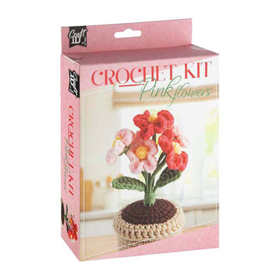 Kreative Bastelgruppe Häkelset Blumentopf rosa Blumen – inkl. Nadel und Faden