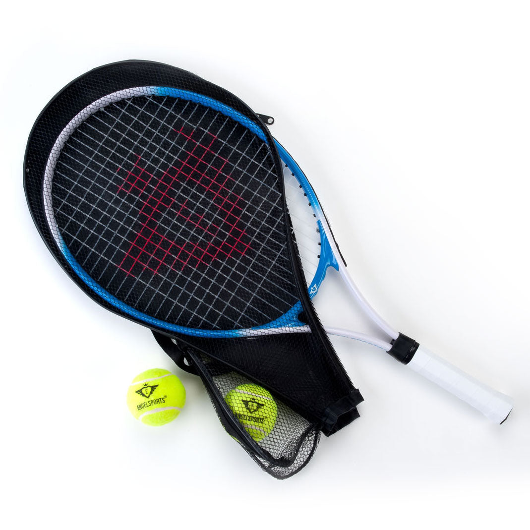 Tennisschläger mit Abdeckung und 2 Kugeln blau