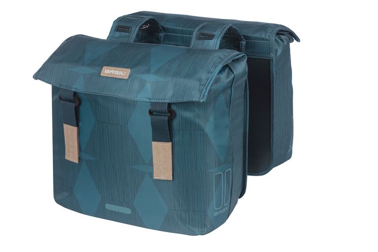 Basil Eleganz Doppelfahrradbeutel, blau, recyceltes Haustier, Futtermittel, Wasserstockverschluss, Universal Bridge, 40-49L