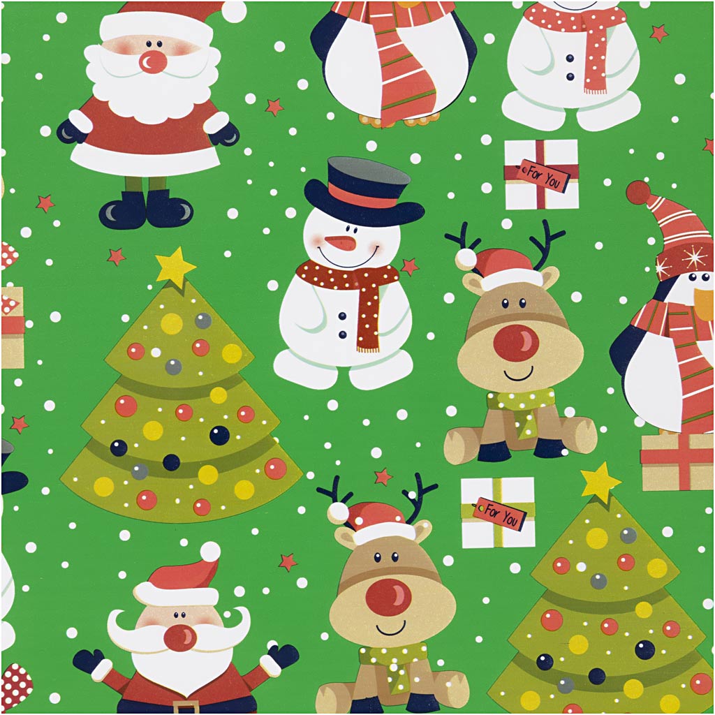 Creativ Company Geschenkpapier, Weihnachtsmann, Weihnachtsbaum, Weihnachtsgeschenk, Rentier, Schneemann und Pinguin, B: 50 cm, 80 g, grün, 100 m, 1 Rolle