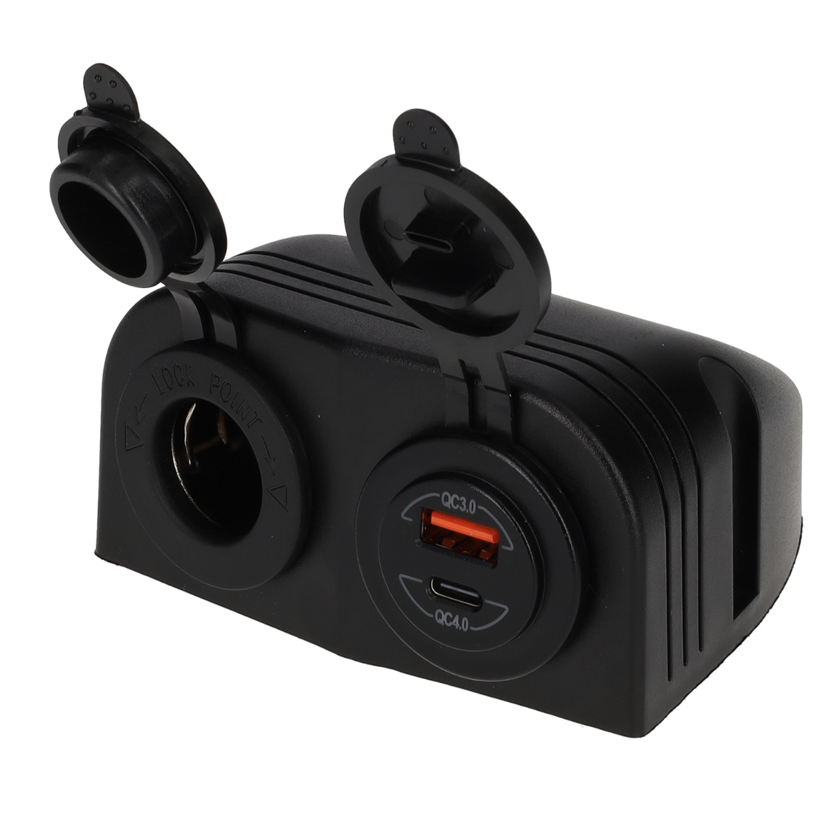 Stromleitung 12-Volt-Uni-Steckdose und USB-A + USB-C-Ladegerät – Aufputzmontage