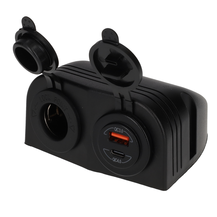 Stromleitung 12-Volt-Uni-Steckdose und USB-A + USB-C-Ladegerät – Aufputzmontage