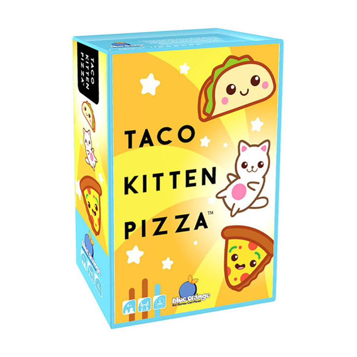 Geronimo-Spiele, blau-orangefarbenes Kartenspiel, Taco-Kätzchen-Pizza