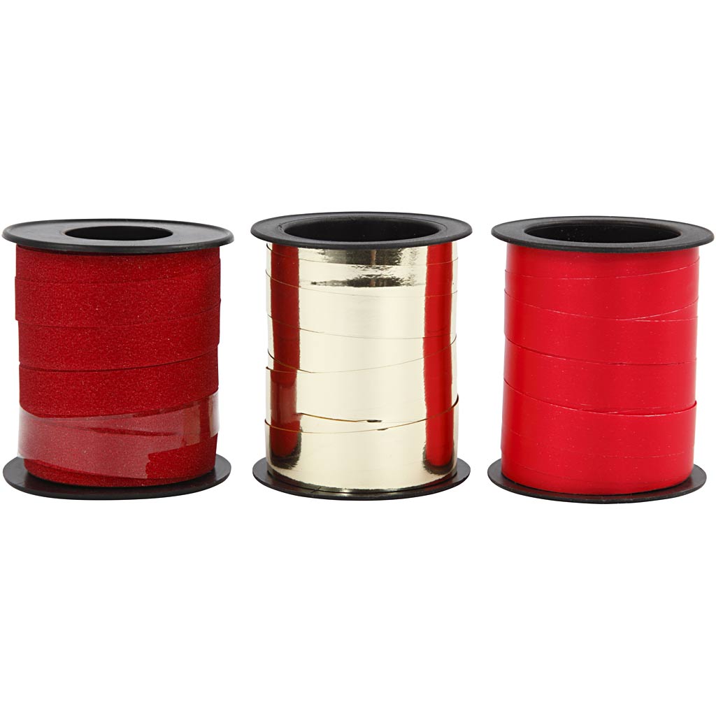 Creativ Company Geschenkband, B: 10 mm, Gold, Rot, Roter Glitzer, 3x15 m 1 Box
