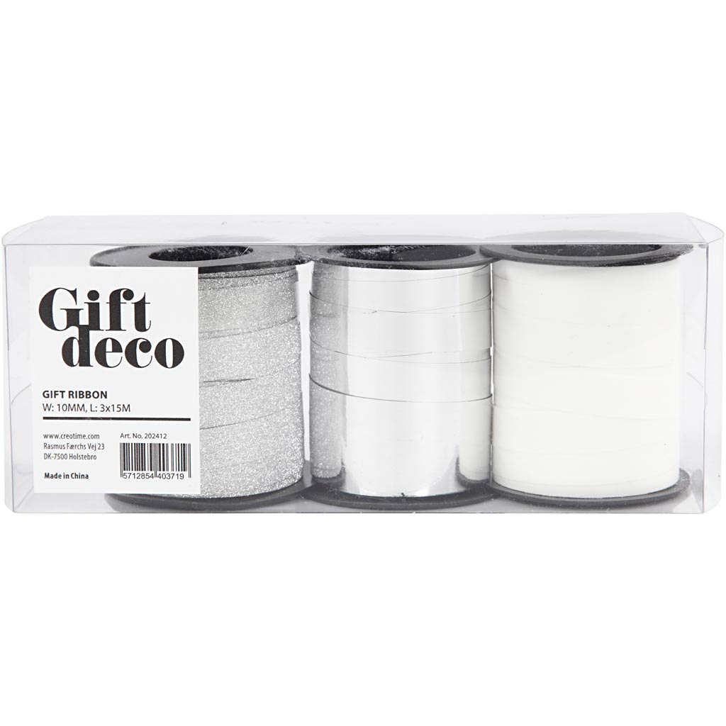 Creativ Company Geschenkband, B: 10 mm, Silber, Glitter Silber, Weiß, 3x15 m 1 Box