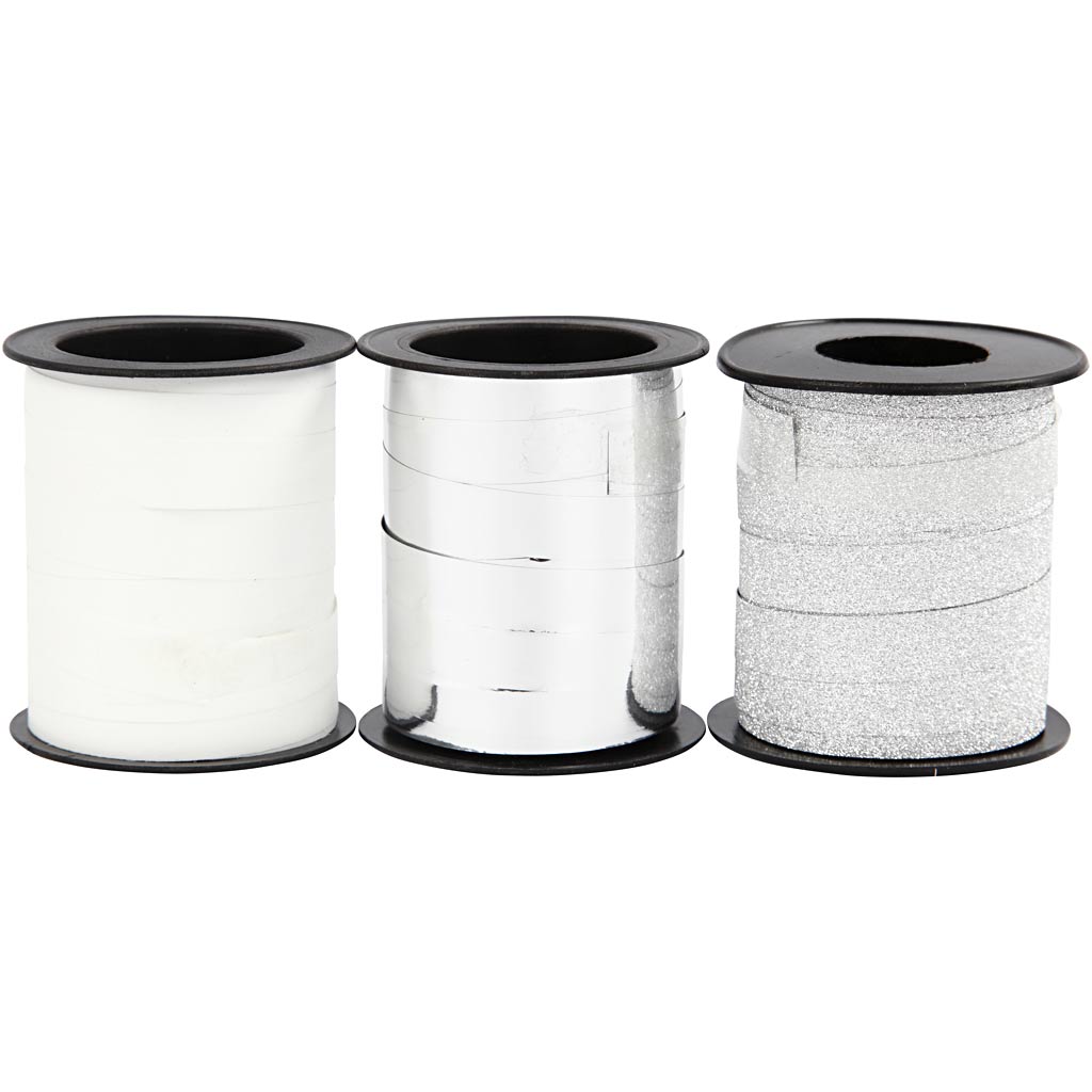 Creativ Company Geschenkband, B: 10 mm, Silber, Glitter Silber, Weiß, 3x15 m 1 Box