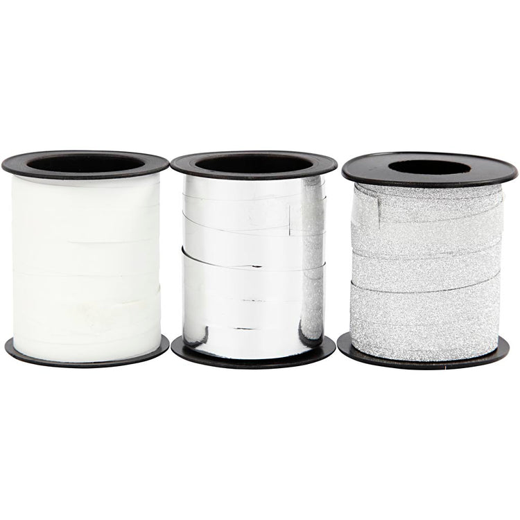 Creativ Company Geschenkband, B: 10 mm, Silber, Glitter Silber, Weiß, 3x15 m 1 Box