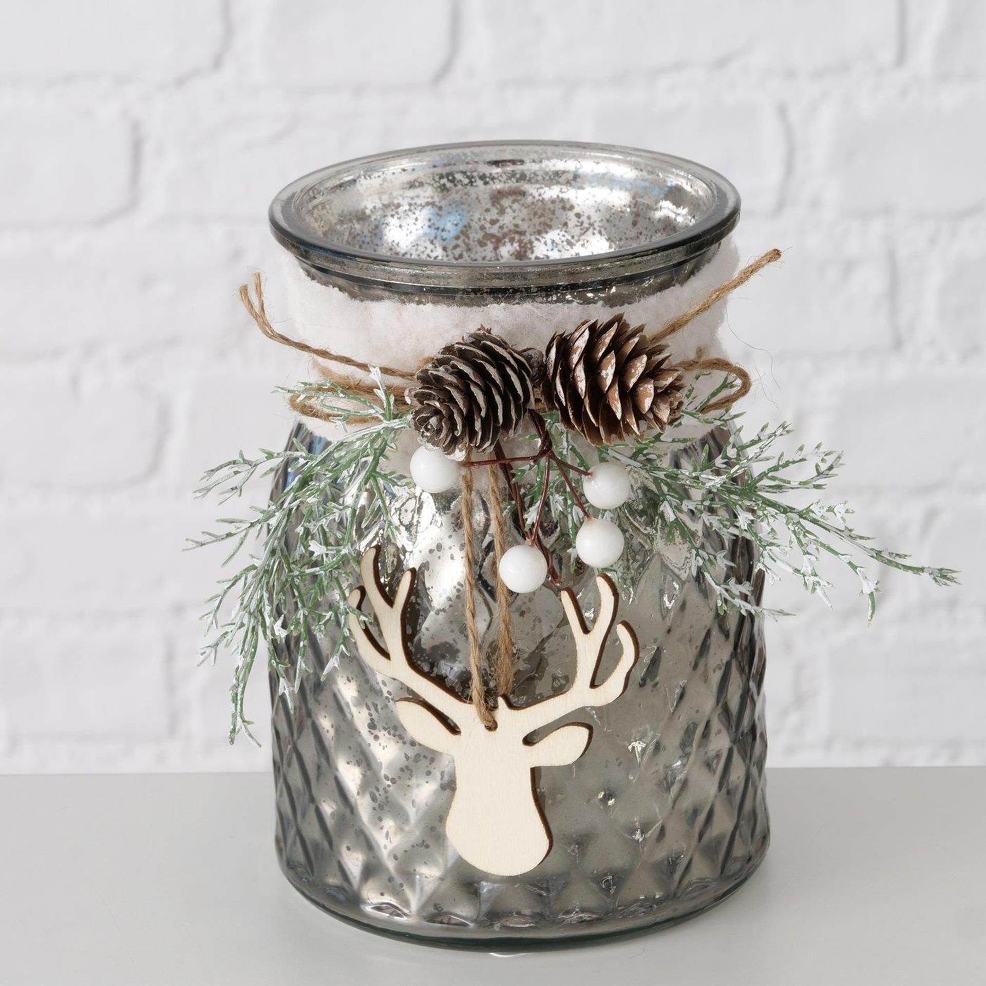 Boltze Home Teelichthalter Glas mit Weihnachtsdeko H16cm
