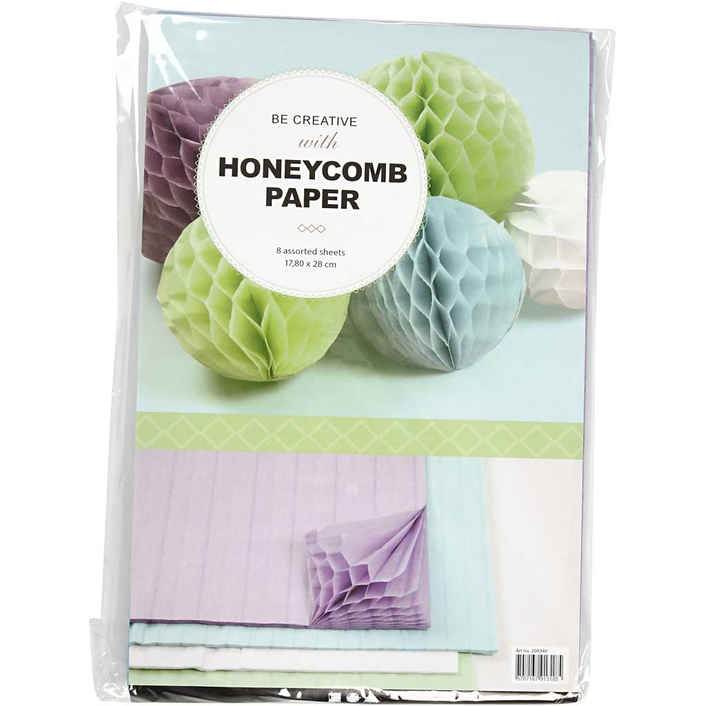 Creativ Company Wabenpapier, Blatt 28x17,8 cm, hellblau, grün, lila, weiß, 4x2 Blatt 1 Karton