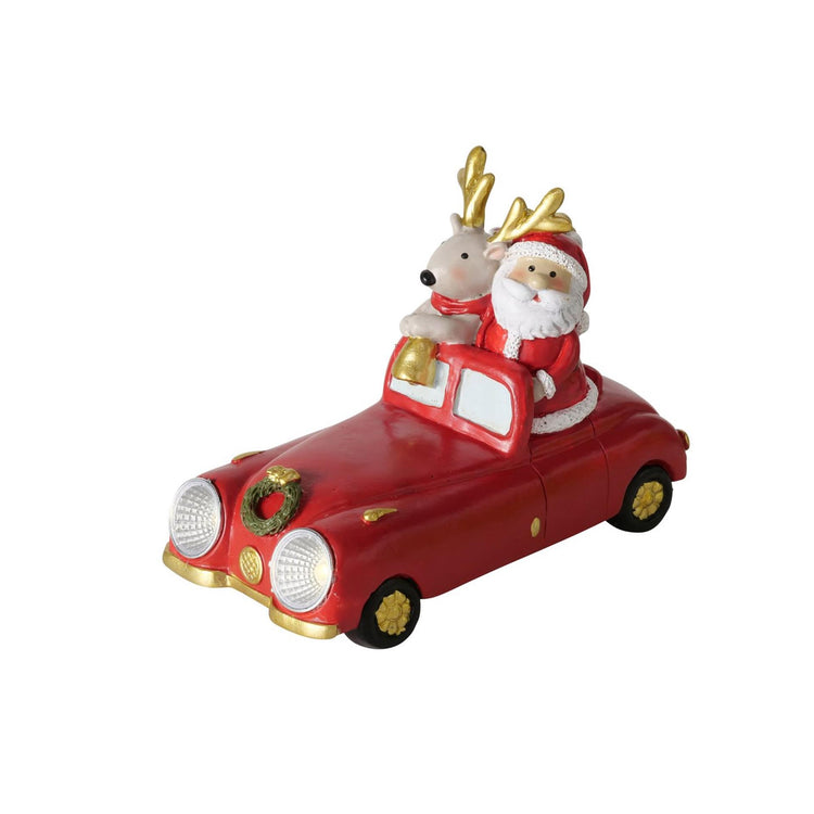 Boltze Heimauto mit Hirsch und Weihnachtsmann, LED-Harz, 14 cm