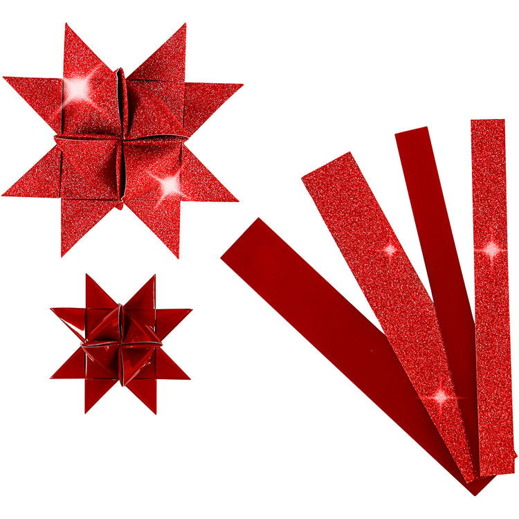 Vivi Gade Papierflechtstreifen, L: 44+78 cm, B: 15+25 mm, T 6,5+11,5 cm, Glitzer, Lack, Rot, 40 Streifen 1 Box
