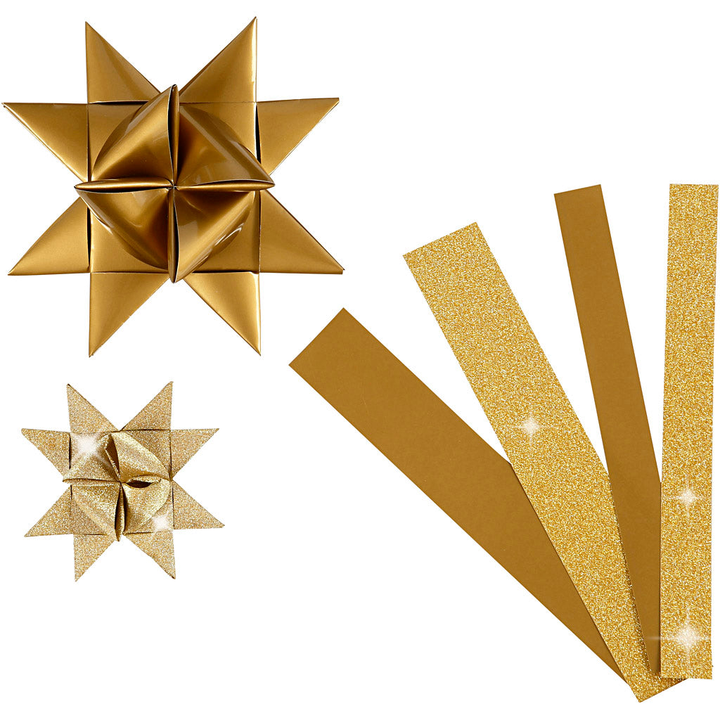Vivi Gade Papierflechtstreifen, L: 44+78 cm, B: 15+25 mm, T 6,5+11,5 cm, Glitzer, Lack, Gold, 40 Streifen 1 Box