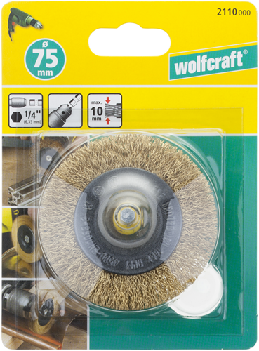 Wolfcraft Drahtbürste | Messing | 6-seitiger Schaft | ø75 x 10 mm | 1 Stück - 2110000