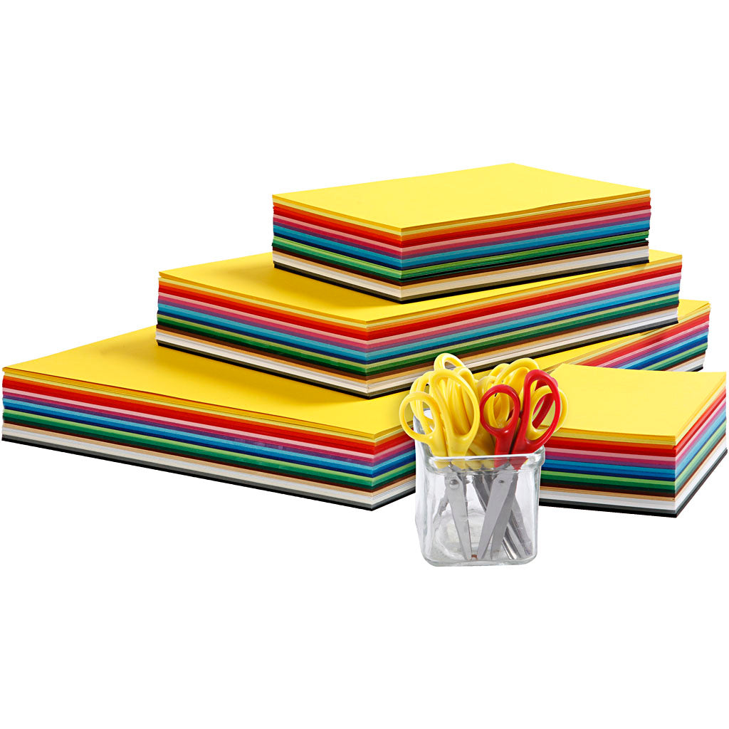 Farbiger Karton und Kinderscheren, A3, A4, A5, A6, 180 gr, verschiedene Farben, 1 Set