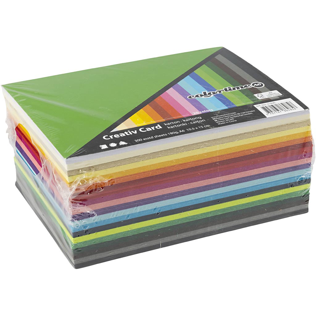 Colortime-Farbkarton, A6, Blatt 105 x 148 mm, 180 g, verschiedene Farben, 300 Blatt, 1 Karton