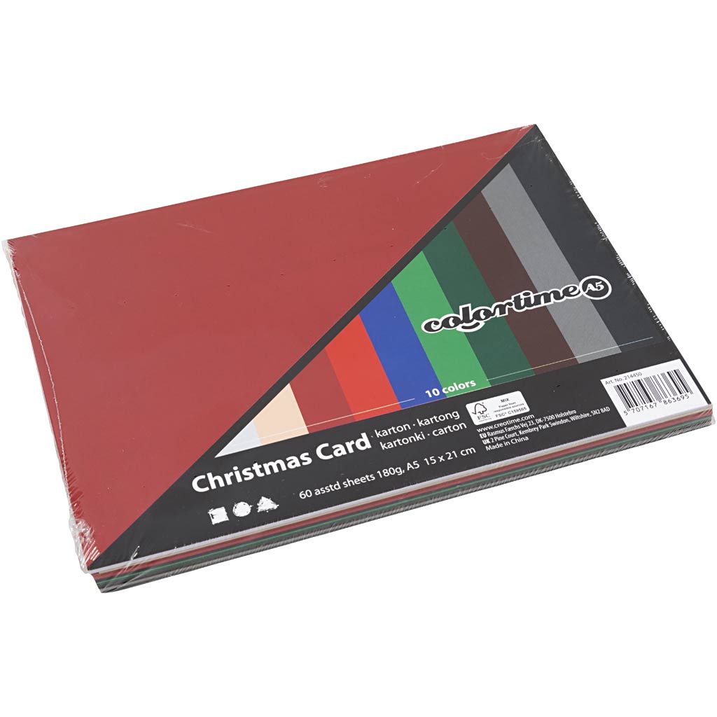 Colortime Weihnachtskarton, A5, Blatt 150x210 mm, 180 gr, verschiedene Farben, 60 verschiedene Blätter 1 Karton