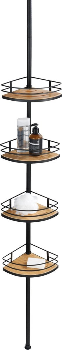 Wenko Teleskop-Duschregal Dolcedo 4-lagiger Edelstahl schwarzer Bambus – FSC-Holz – ausziehbar von 65 bis 275 cm – Duschkorb – Montage ohne Bohren