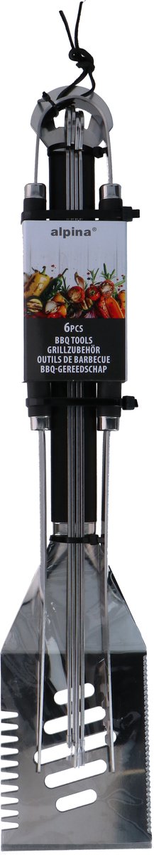 Alpina BBQ Tool Set – 6-teiliges Grillset mit Pfannenwender, Grillzange und Fleischgabel – inklusive 4 Spieße – Edelstahl – ideal zum Grillen von Fleisch und Gemüse