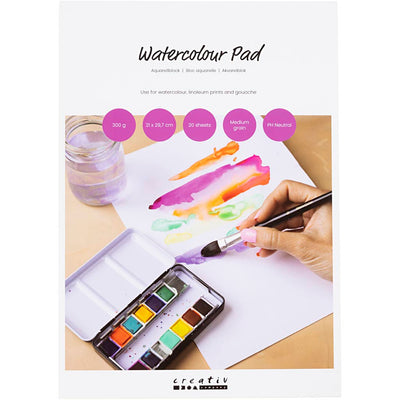 Creativ Company Aquarellblock, A4, Blatt 210 x 297 mm, kaltgepresst, mittlere Körnung, 300 g, weiß, 20 Blatt 1 Stück