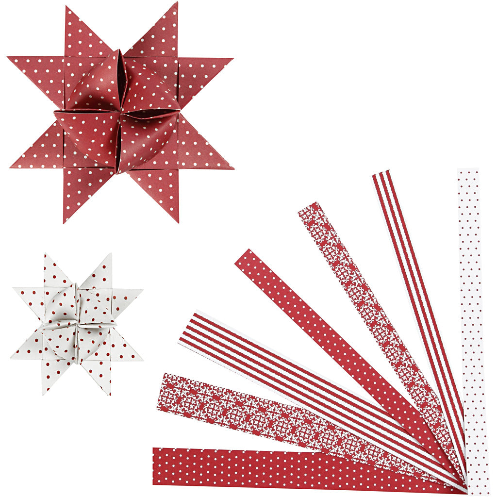 Vivi Gade Papierflechtstreifen, L: 44+78 cm, B: 15+25 mm, T 6,5+11,5 cm, rot, weiß, 60 Streifen 1 Box