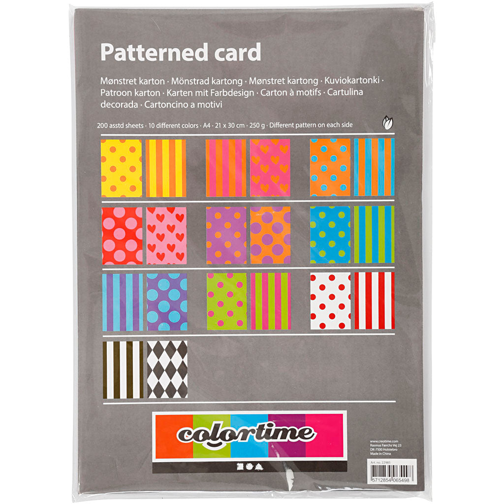 Creativ Company bedruckter Karton, A4, Blatt 210 x 297 mm, 250 g, verschiedene Farben, 200 Blatt, 1 Karton