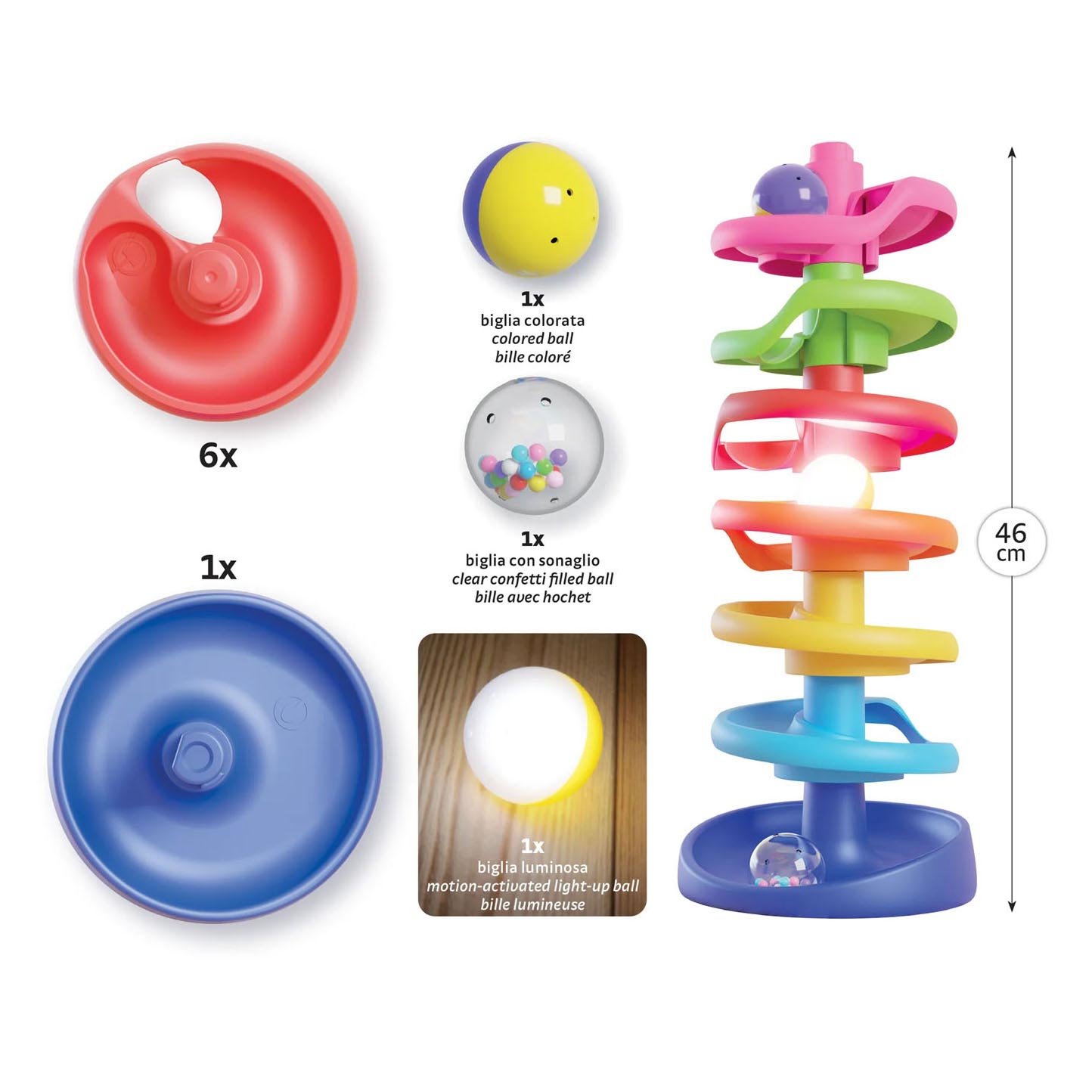 Quercetti Spiral Ball Tower mit leuchtender Ball, 10dlg.