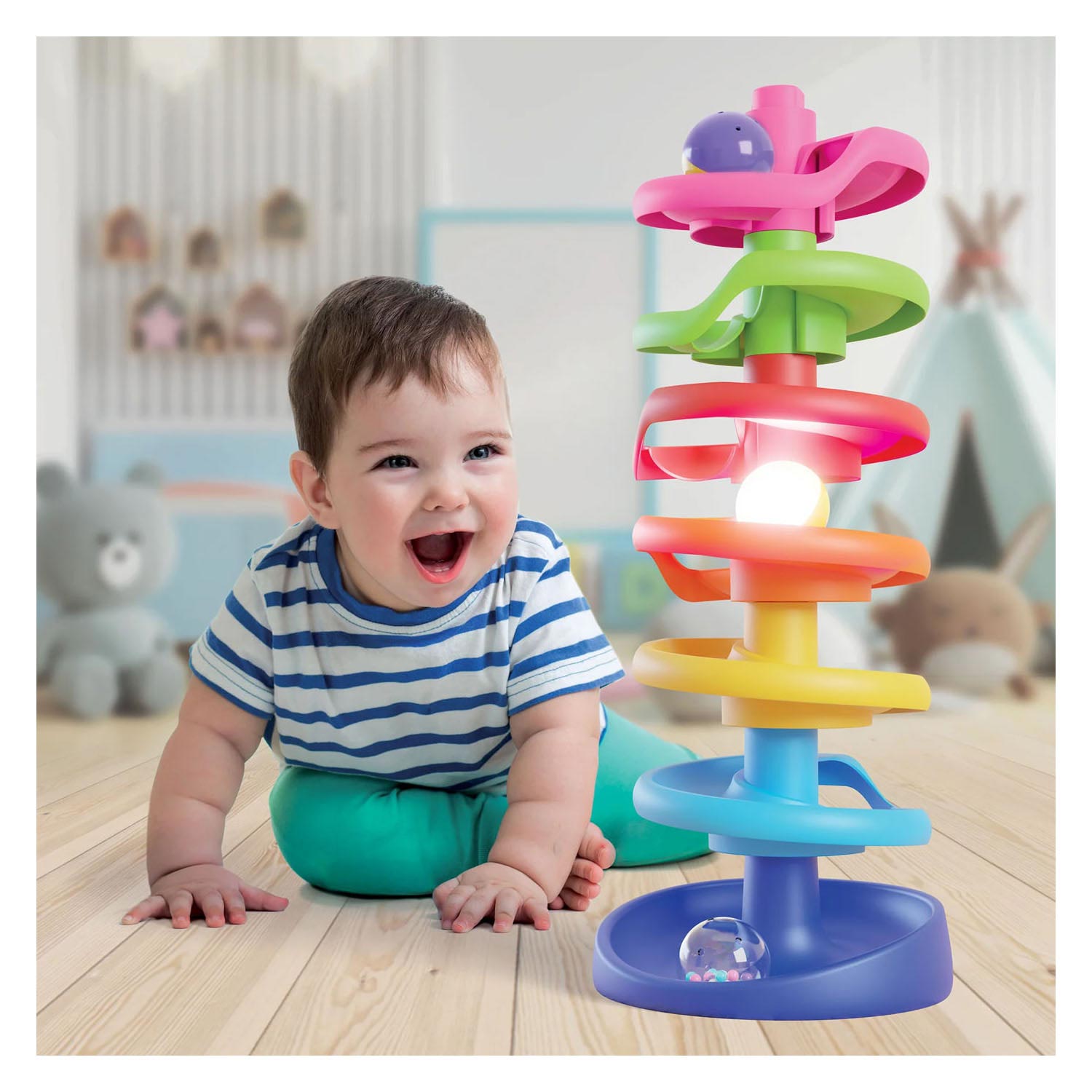 Quercetti Spiral Ball Tower mit leuchtender Ball, 10dlg.