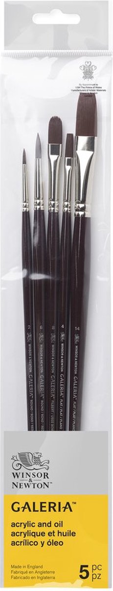 Winsor Newton 5790611 Galeria Acrylpinsel-Set – 5 Pinsel mit langem Griff für Acrylmalerei (rund 2, rund 6, flach 4, flach 14, Filbert 8)