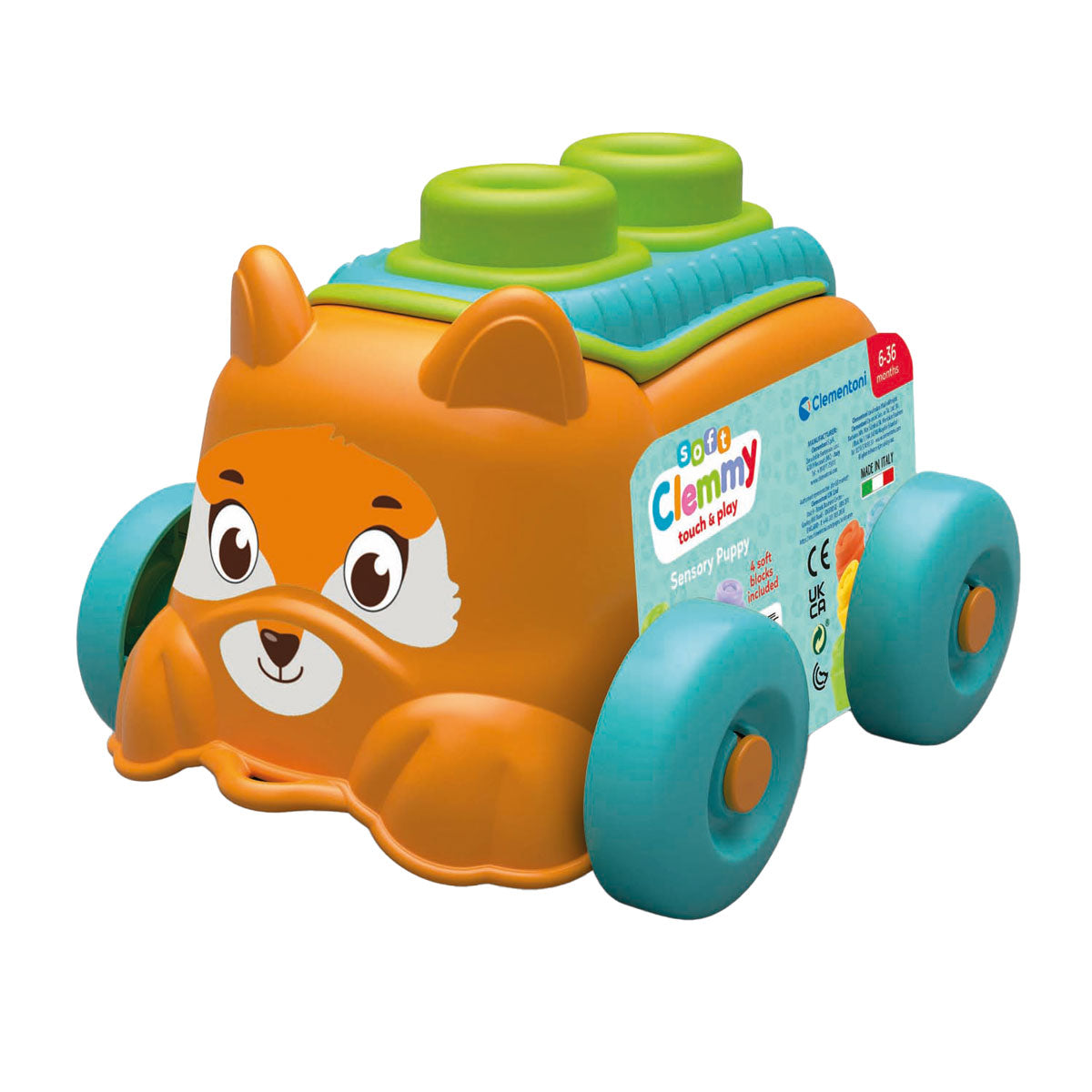 Clementoni Baby - Clemmy Sensory Welpe Orange mit weichen Blöcken, 5dlg.