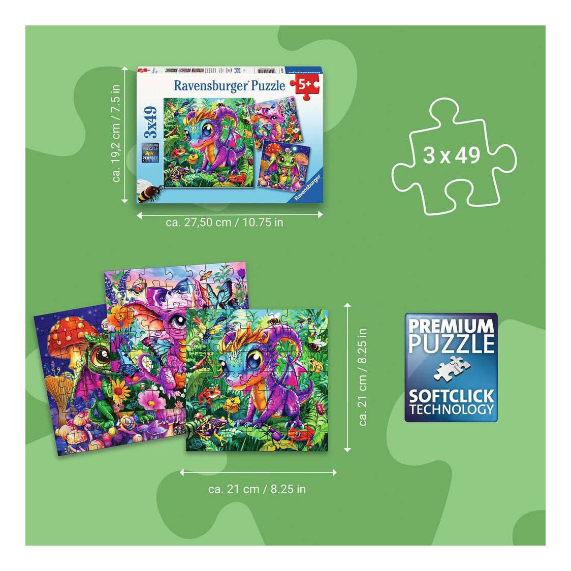 Ravensburger Puzzle Baby-Gartendrachen – 3x49 Teile.