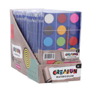 Creafun Aquarelltablett mit 18 Farben und Pinsel | 12 Stück