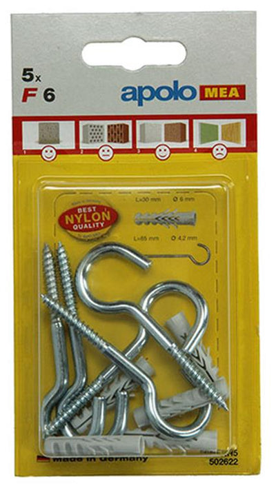 Celo 1015383 - 5 Nylondübel f ​​6 mm + Schraubhaken 502622 | 5 Stück