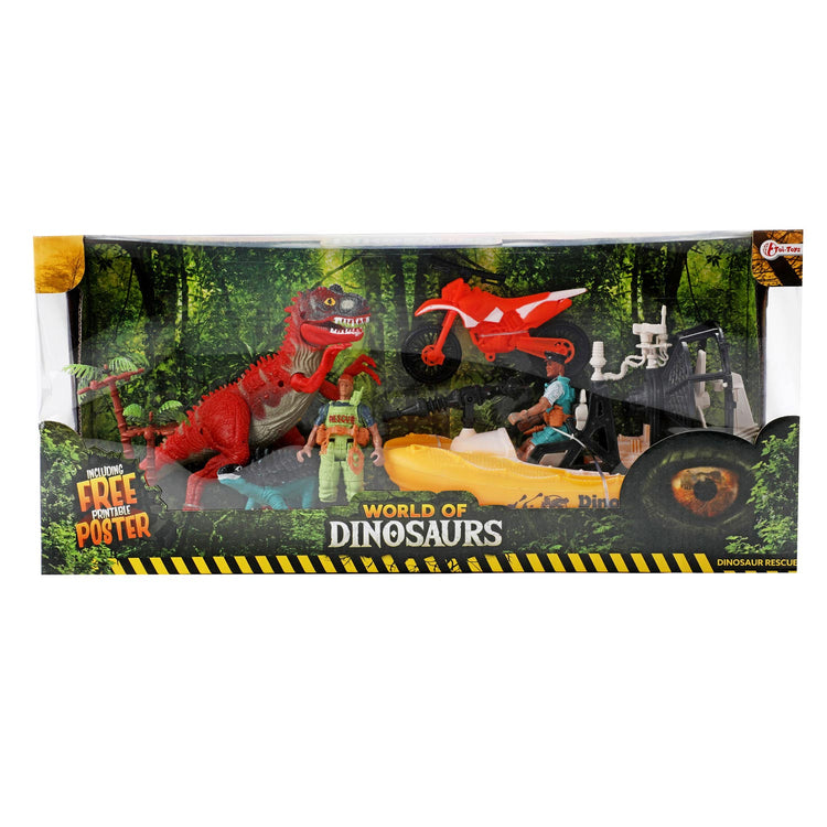 World of Dinosaurier spielen Set Boot und Motorrad mit Dinosauriern