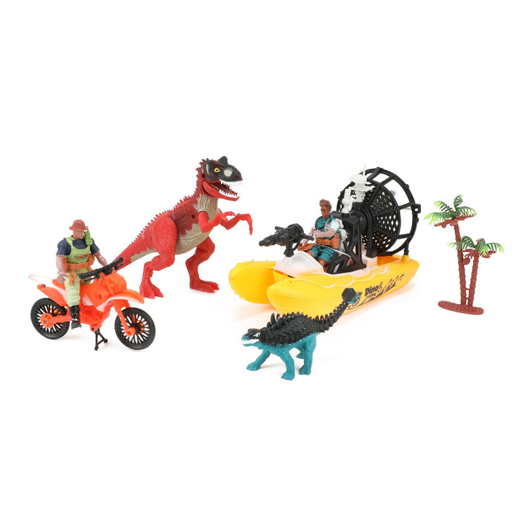World of Dinosaurier spielen Set Boot und Motorrad mit Dinosauriern