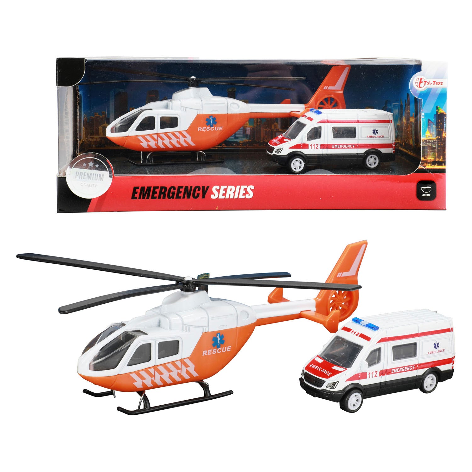 Toi-Toys Metall-Trauma-Hubschrauber und Krankenwagen Orange
