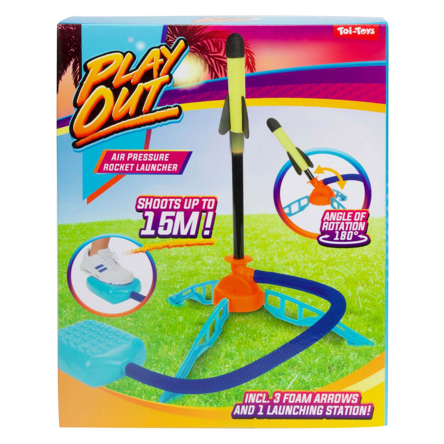 TOI-TOYS spielen Luftdruck-Raketen-Startbasis mit 3 Raketen aus