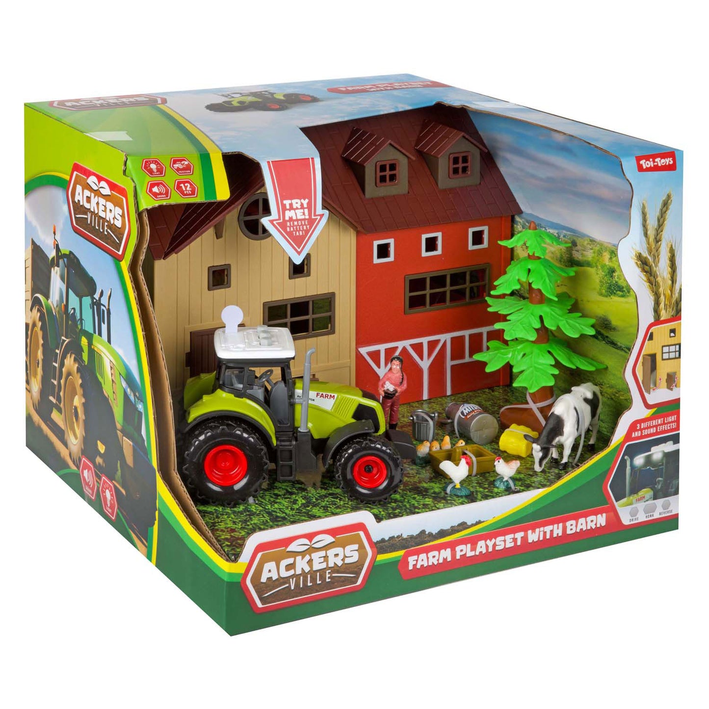 Toi-Toys Ackers Ville Farm mit Traktorlicht und Soundspiel-Set, 12dlg.