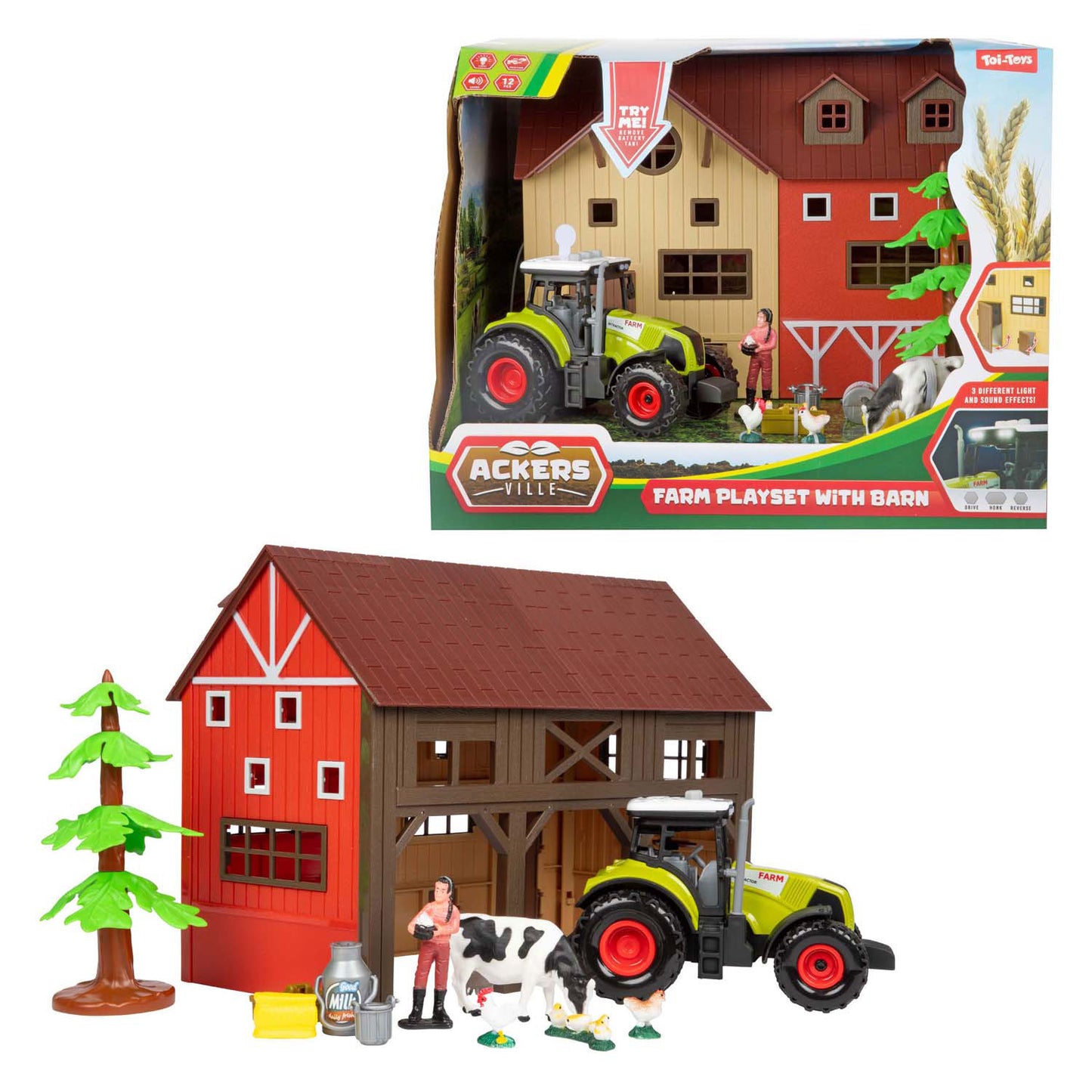 Toi-Toys Ackers Ville Farm mit Traktorlicht und Soundspiel-Set, 12dlg.