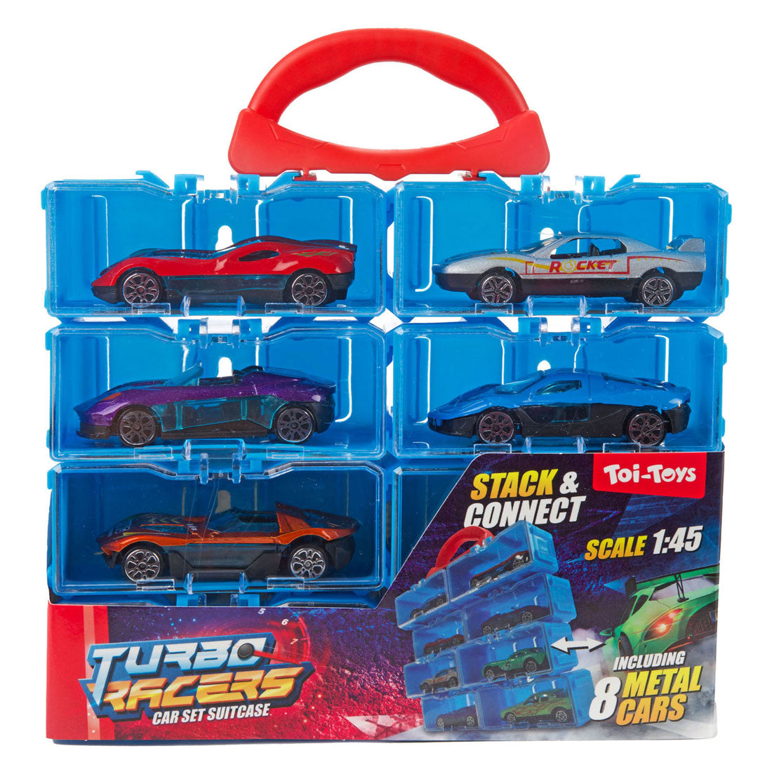 Toi-toys Turbo-Racer-Aufbewahrungskoffer mit 8 Metallautos – 1:45