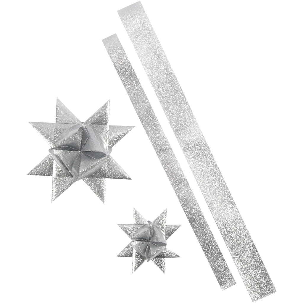 Vivi Gade Sternstreifen, L: 86+100 cm, B: 25+40 mm, T 11,5+18,5 cm, Glitzersilber, 16 Streifen 1 Box