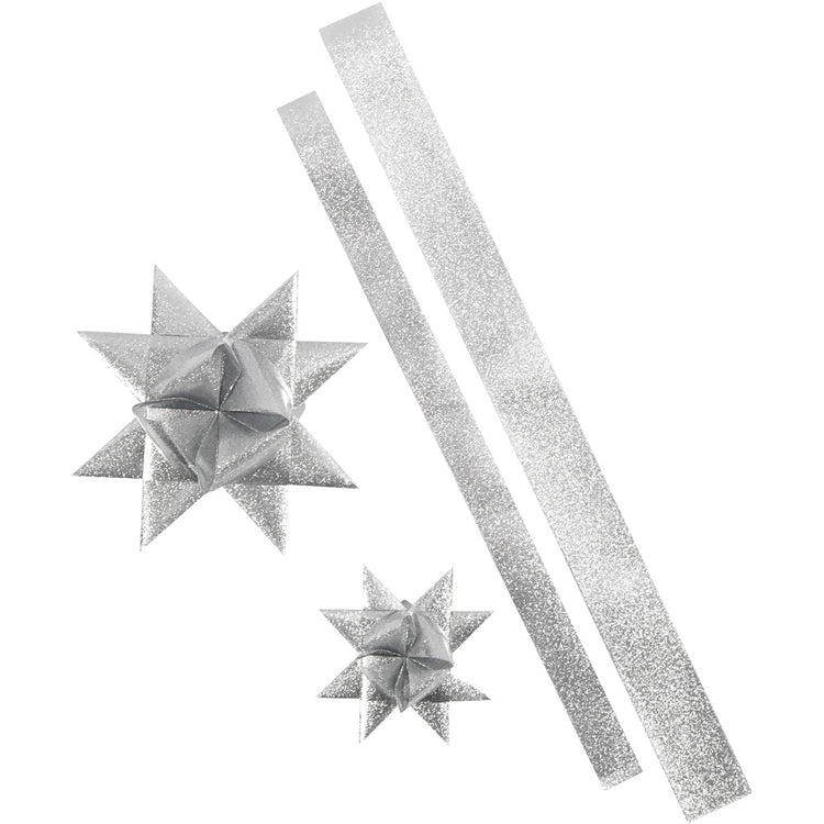 Vivi Gade Sternstreifen, L: 86+100 cm, B: 25+40 mm, T 11,5+18,5 cm, Glitzersilber, 16 Streifen 1 Box
