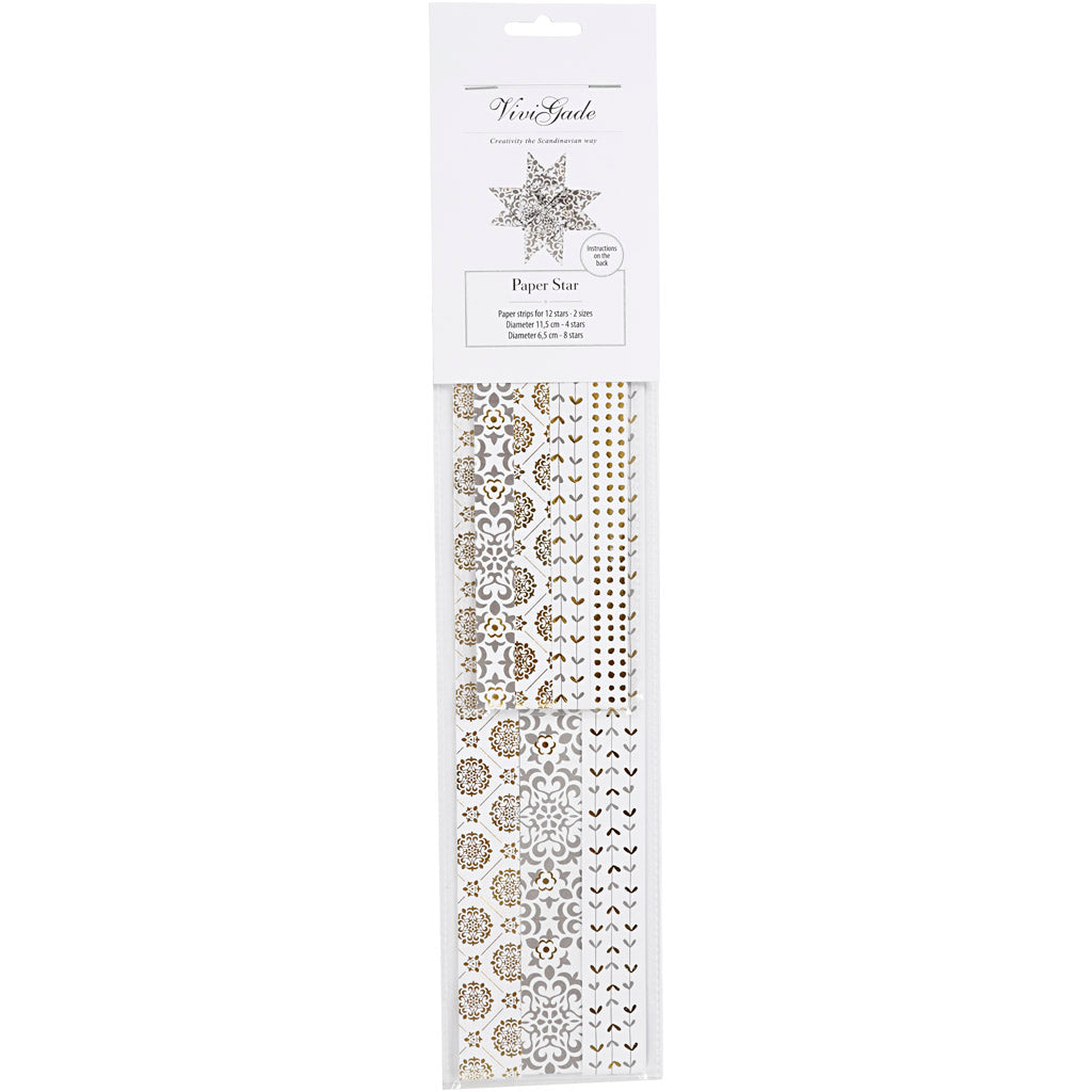 Vivi Gade Papierflechtstreifen, L: 44+78 cm, T 6,5+11,5 cm, B: 15+25 mm, Gold, Weiß, 48 Streifen 1 Box